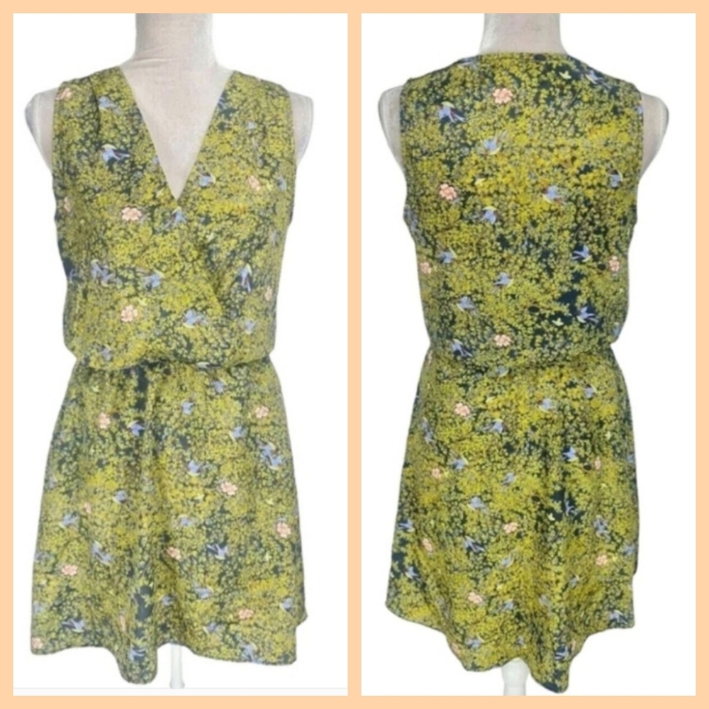 Bar III Yellow Floral Mini Dress Small S V-Neck Sleeveless Elastic Waist Summer